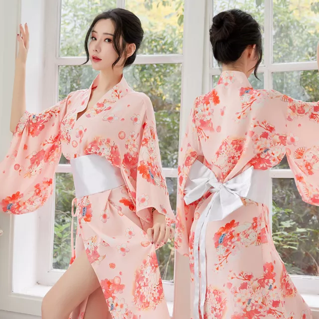 Women Sexy Bandage Kimono Dress Long Japanese Bathrobe Floral Sleepwear Cosplay