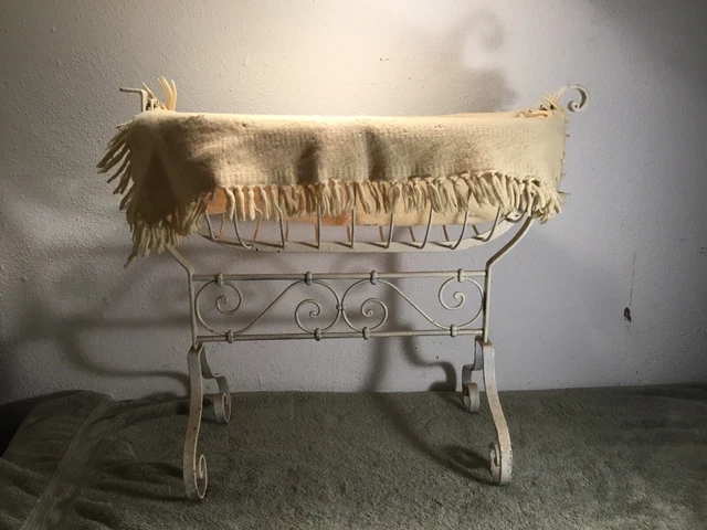 Antique /Vintage Ornate Metal Rocking Doll Bed / Cradle/w Baby Blanket