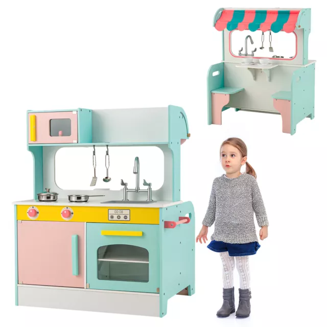 2-in-1 Kids Pretend Play Kitchen & Restaurant Double-sided Cooking Toy w/Faucet