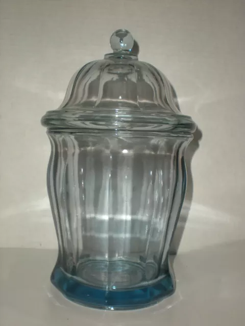 vtg Apothecary Canister Jar with Ball Dome Lid 10" Very Heavy & Thick glass Blue