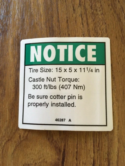 GENIE MEWP NOTICE Tire Size And Torque Decal Sticker 46287 A New Old ...