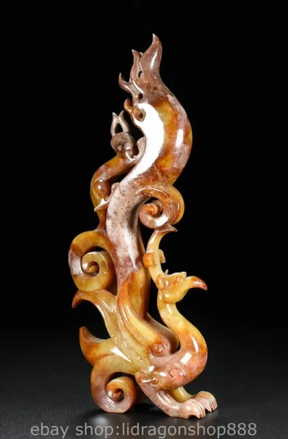 8.8" Chinese Natural Hetian Nephrite Jade Carving Phoenix Dragon Sculpture