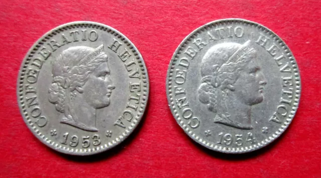 Switzerland Two Consecutive Very Good Grade Vintage 1953-1954  Five Rappen Coins