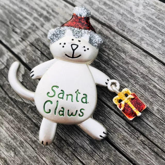 Santa Claws Signed TC Christmas Cat Brooch Pin  Silver Glitter Enamel 2 1/8"