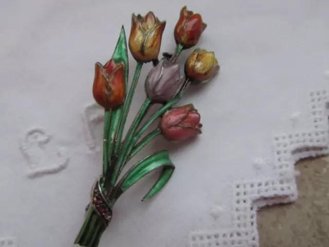 Jugendstil/Art Nouveau:  Silberbrosche "835" EMAILLE 6 bunte Tulpen Handarbeit 2