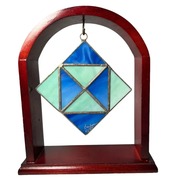 Stained Glass Suncatcher Handmade w Display Wood Frame Vintage 1992 Blue Green