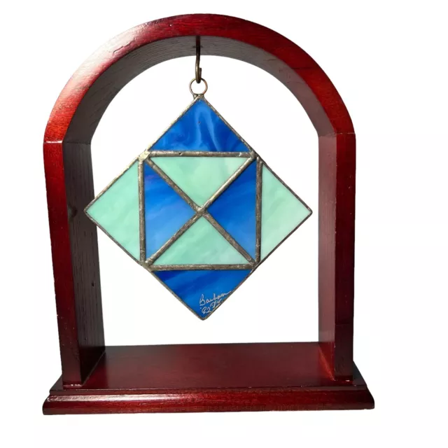 Stained Glass Suncatcher Handmade w Display Wood Frame Vintage 1992 Blue Green