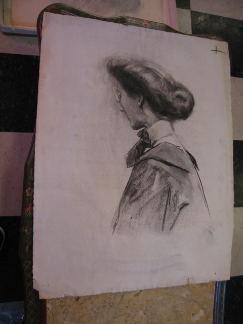 Vtg Antique Début 20th Cent Edward Comly Trego Charbon Dessin De Femme 2