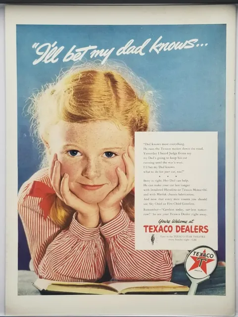 1942 Texaco Dealer Little Girl  I'll Bet My Dad Knows Vintage WWII Era Print Ad