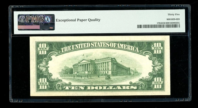 DBR 1934-C $10 Silver Fr. 1704 PMG 35 EPQ Serial B34793075A 2