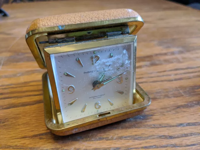 Vintage Phinney Walker Alarm Travel Clock - Germany Folding Case Brown Windup