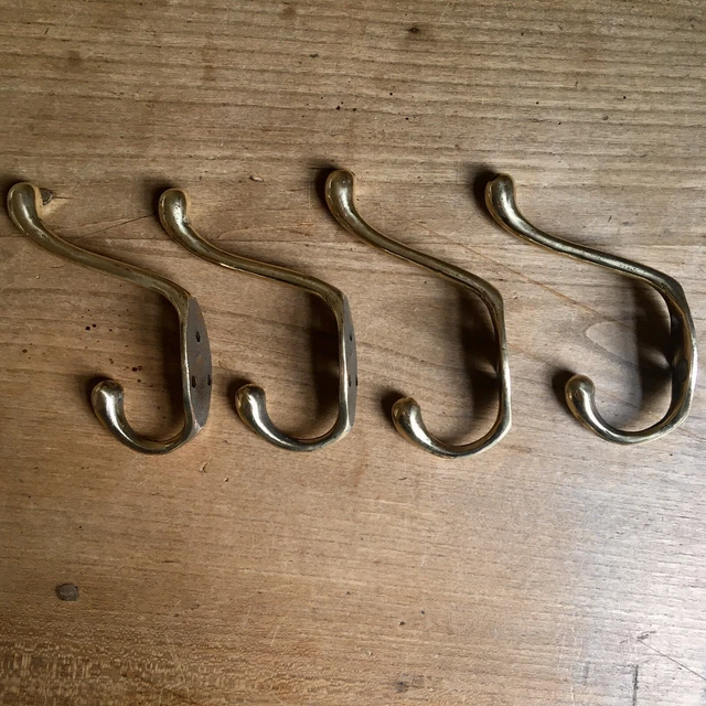 Set Of 4 Antique Brass Double Coat Hooks Victorian Vintage Reclaimed Old 5