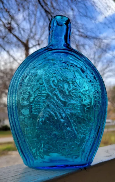ABRAHAM LINCOLN BLUE Embossed Glass Bottle Flask 