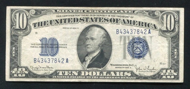 1934-D $10 Ten Dollars Silver Certificate Currency Note Very Fine+