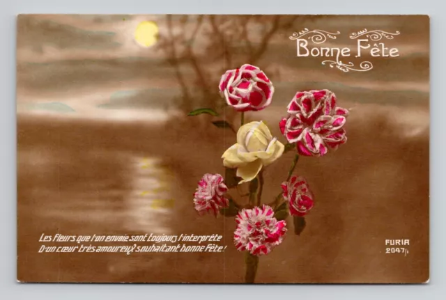 Postcard French Birthday Greeting w/ Flowers Bonne Fete, Antique D19