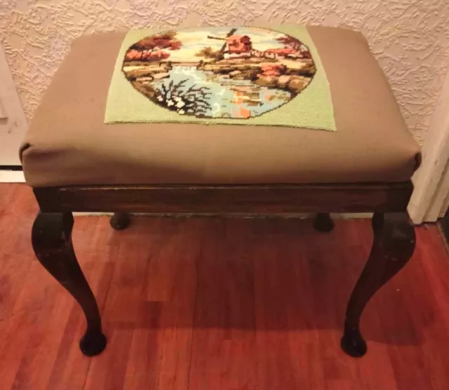 Vintage wooden piano stool with lift up top and fabric seat