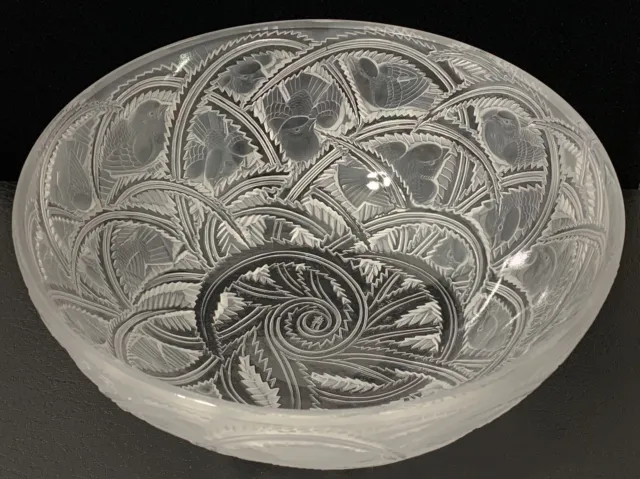 Lalique France Crystal 9” PINSONS Bird Etch Centerpiece Bowl - SIGNED