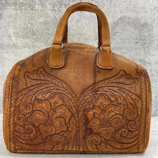 Vintage Western Tooled Leather Bowling Bag Silver Tone Hardware