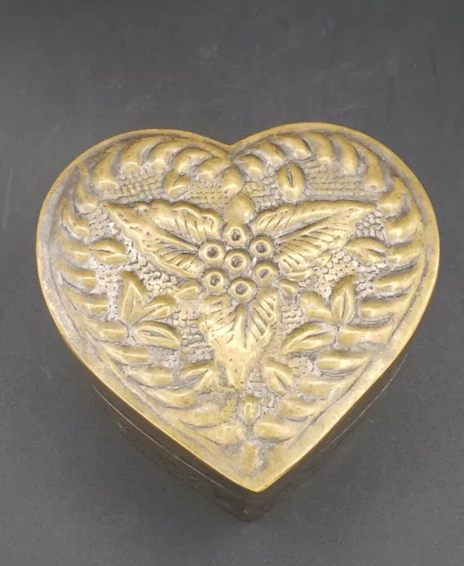 Vintage Metal & Embossed Heart Shape Floral Handcrafted India Trinket Box 5x2.5"