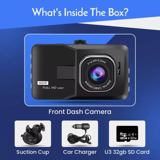 Dash Cam (Front Only) Mini Car Camera - 1080p HD - 3" Screen 120° Angle 32GB SD 3