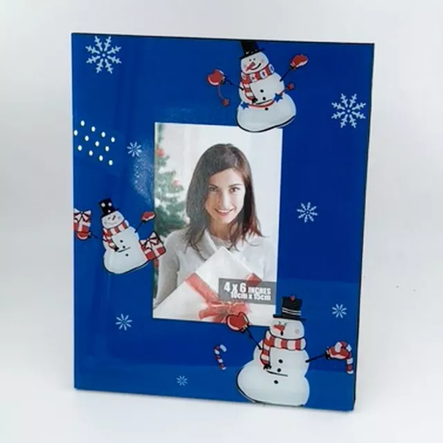 Cornice Natalizia portafoto in vetro 10x15 blu con pupazzi di neve