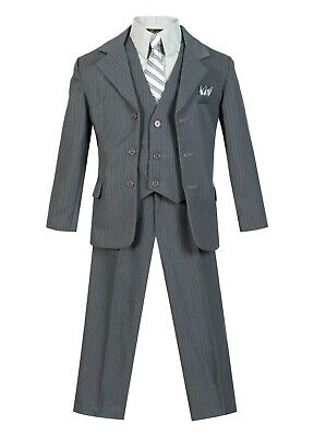 kids Boys Bridal Formal STRIPED suit 5 pcs set coat,vest,pant,shirt,clip tie