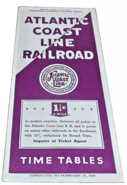 February 1940 Acl Atlantic Coast Line Railroad Condensed Public Timetable