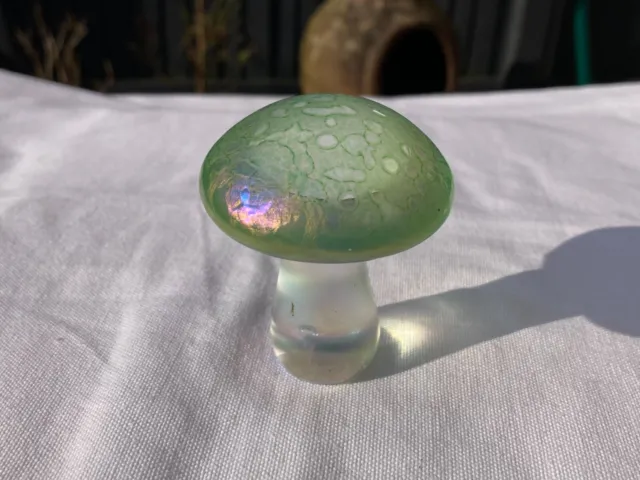 Small Irridescent Glassform John Ditchfield Green Glass Mushroom 3" Height