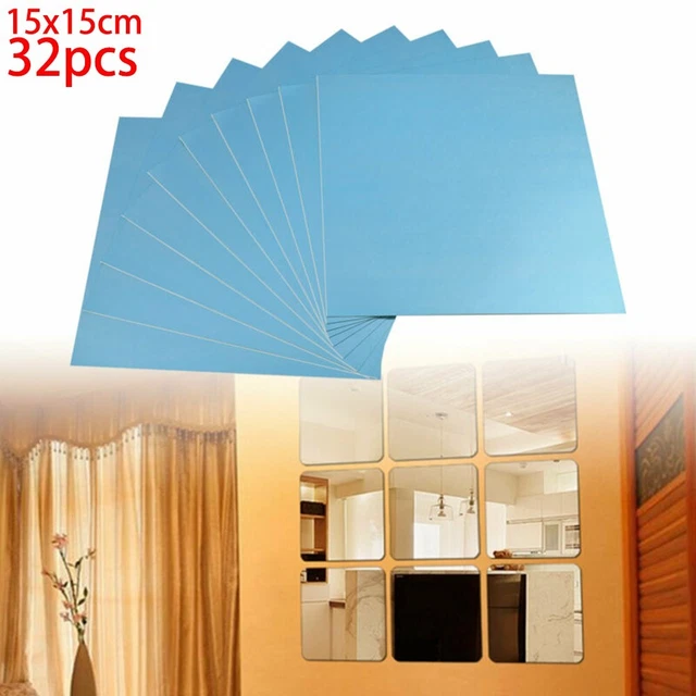 32 X Azulejos de espejo Pegatina de pared Espejo de pared Espejo de baño Lámina de espejo Decoración