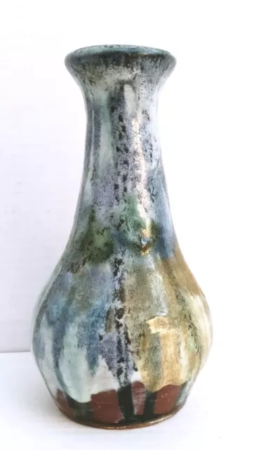 Vintage Drip Glaze Vase Blue Green Brown Studio Pottery Signed Mid Century 1965