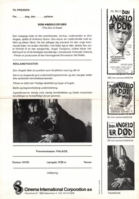 The Don Is Dead Anthony Quinn Frederic Forrest 1973 Danish Movie Press Release 2