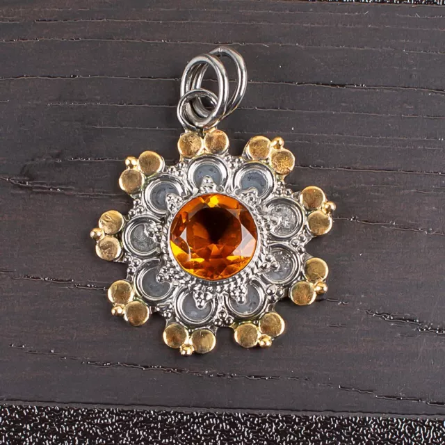 HAND CRAFTED PRETTY Unisex Pendant Citrine Natural Gem 925 Sterling Silver 1.26"