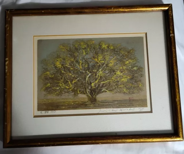 Japanese Woodblock Print Joichi Hoshi big tree Signed 1975. 1 0f 1