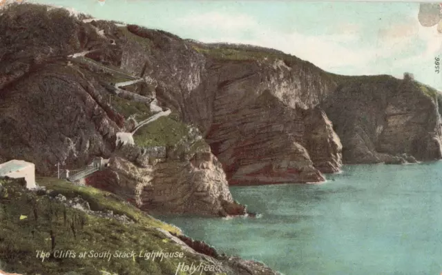 Holyhead Wales UK, Cliffs South Stack Lighthouse, Vintage Postcard