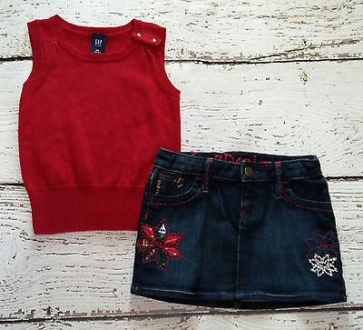 GAP KIDS XS 4 5 Girls Red Christmas Sweater Vest and Snowflake Skirt EUC
