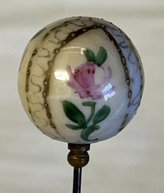 Antique Edwardian Iridescent Hand Painted Roses Glass Ball Orb Hat Pin 10 3/4"