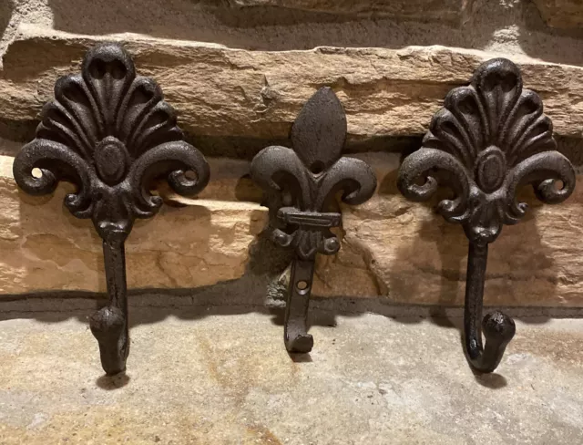 Vtg Wall Hooks Brown Cast Iron Ornate Rustic Fleur  Approx 6”
