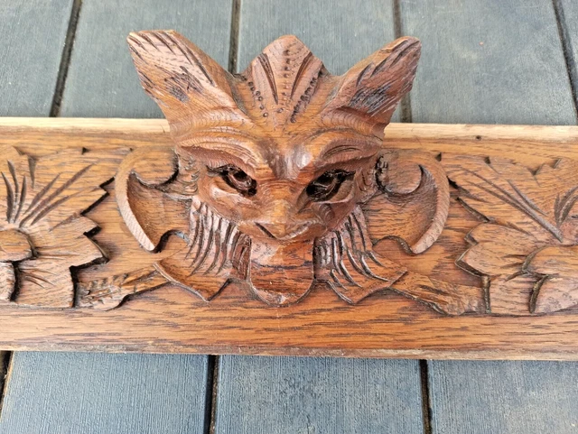 35" Antique French Wood Carved Oak Gothic Pediment Architectural Demon Head 2