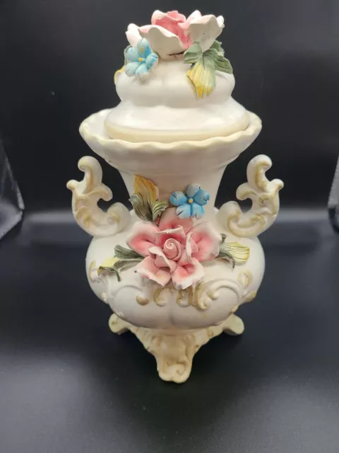 Capo Di Monte Urn Vase Lidded Roses Handles Footed Floral Made in Italy 10inch