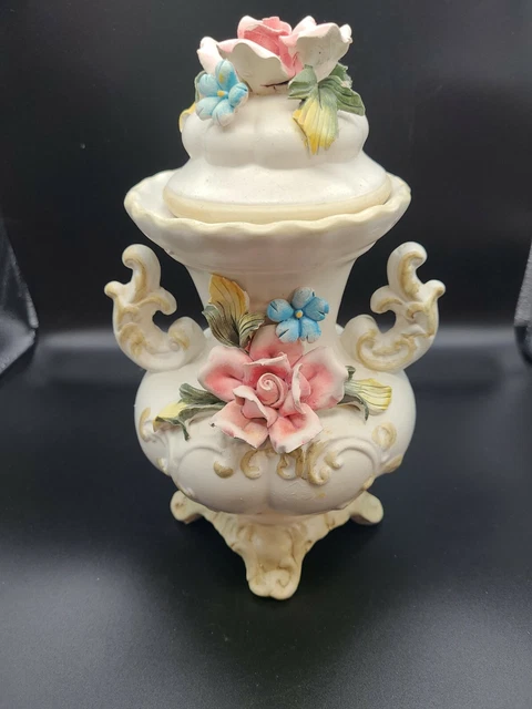 Capo Di Monte Urn Vase Lidded Roses Handles Footed Floral Made in Italy 10inch