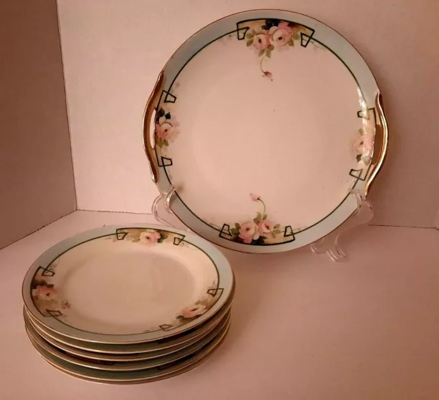 Nippon Hand Painted Cake Plate And 6 Matching Dessert Plates