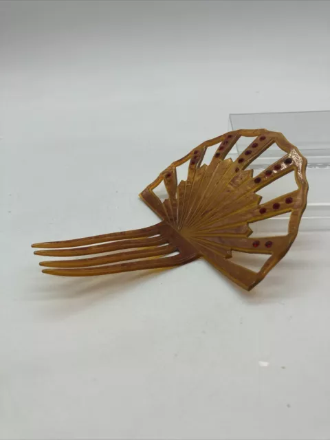 Vintage Tortoise Shell Red Gem Fancy Hair Comb Angled Missing One Gem