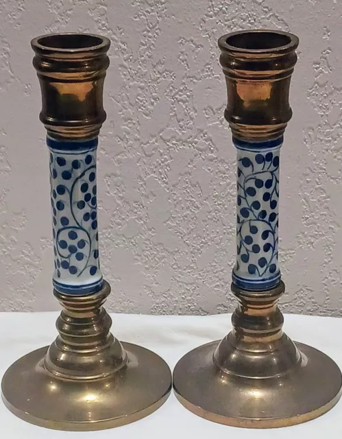 Vintage Brass Delft Porcelain Candlesticks Pair blue and white Vine 8" Thailand