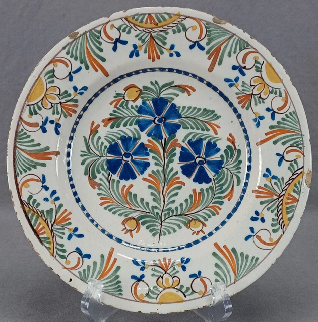 Mid 18th Century Dutch Delft Polychrome Decorated Cornflowers Plate Circa 1760