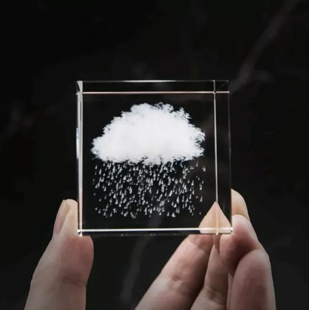 3D Rain Cloud Paperweight Laser Etched in Glass Cube Gift (4cm x 4cm x 4cm)