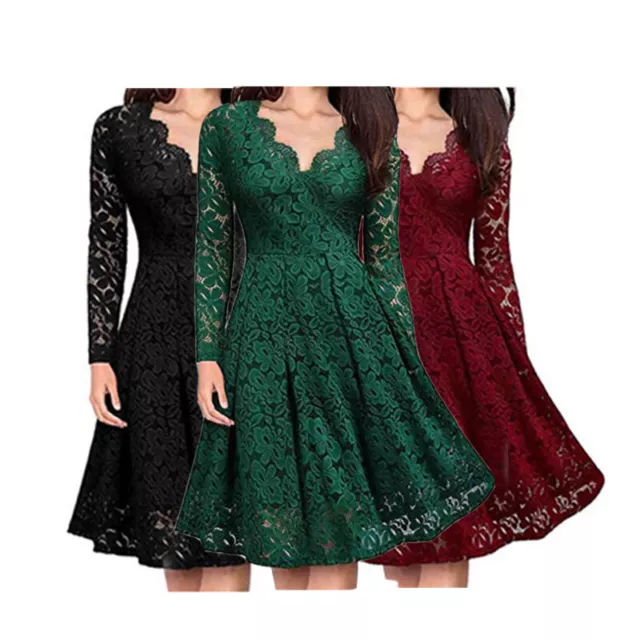 Women's Long Sleeve Lace Dress Fashion Ladies V-Neck A-line Dress Long Sleeve