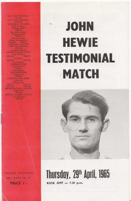 1965 Charlton Athletic v Chelsea John Hewie Testimonial Match Programme