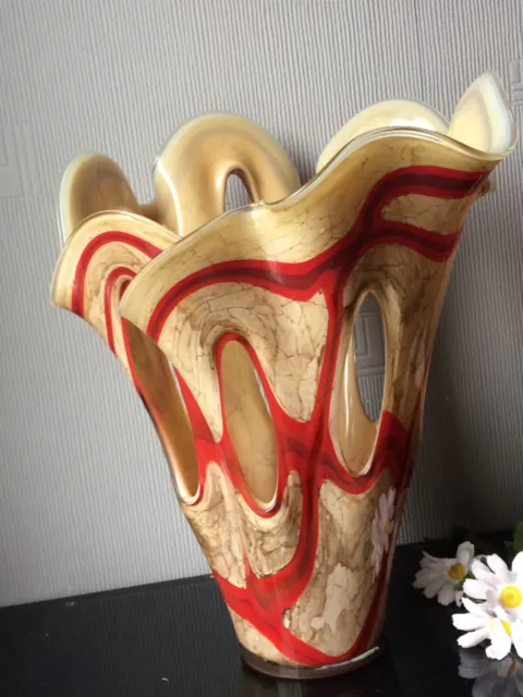 Large Krosno Jozefina Red Ribbon Art Glass Handkerchief Ruffle Top Freeform Vase