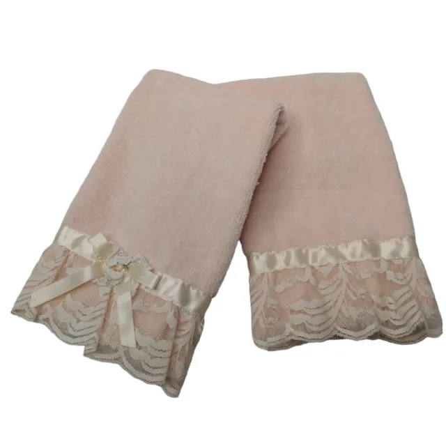 Vintage 1978 Avanti Look Small Hand Towel Pair Light Pink Fringe Lace USA Cotton