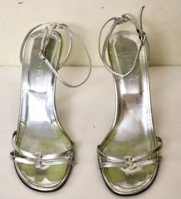 HALSTON silver metallic ankle strap disco sandal shoes 7.5 M